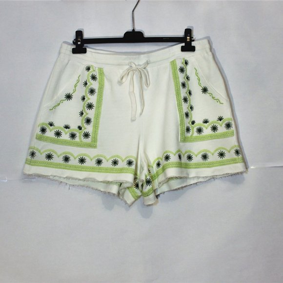 Anthropologie White Green Embroidered Drawstring Boho Shorts Cotton Large - Picture 1 of 7